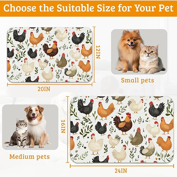 Dog Bowl Mat,Chickens Roosters Pet Feeding Mat for Floors Waterproof,Plants Leaf Absorbent Dogs Placemat for Food and Water Quick Dry Pet Cat Feeding Mats with Non Slip Bottom 16" x 24"