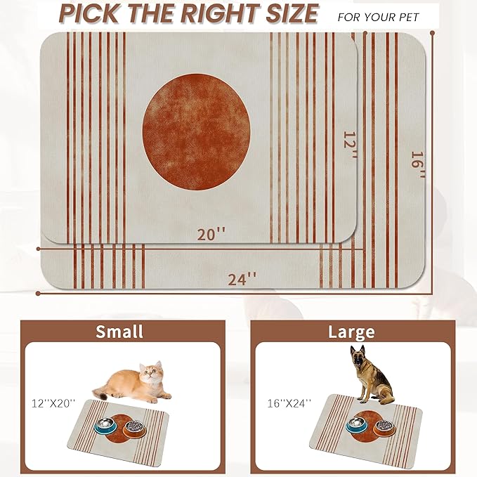 Sun Boho Dog Food Mat for Floors,Absorbent Quick-Dry Pet Feeding Mat, Cat Dog Bowl Mats for Food and Water, Non-Slip Pet Accessories Supplies 12"x20"