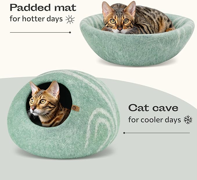 MEOWFIA Cat Cave – Premium Felt Cat Bed for Indoor Cats, Handmade Merino Wool (Pistachio, Large)