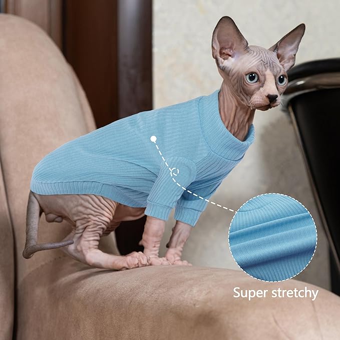 PUMYPOREITY Cat Clothes, Stretchy Cat Shirt, Cat Sweater with Sleeves, Sphynx Cat Clothes, Soft Cat Shirts for Cats Only, Pullover Cat Pajama for Sphynx Hairless Cat, Devon Rex, Blue, L