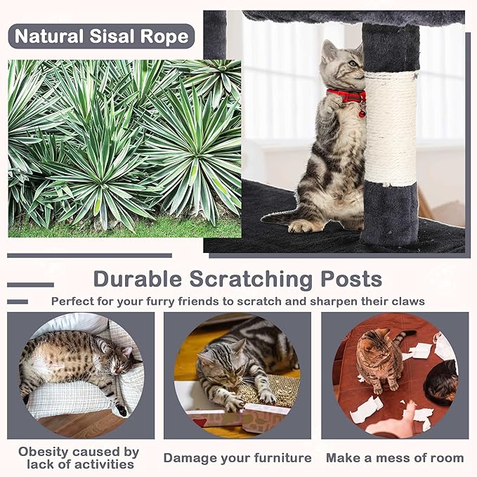 Heavy Duty Cat Tree Tower, 54" Tall Cat Tower for Indoor Cats with Cat Scratching Post with Bed, Cat Condo, Hanging Ball, Multi-Level Cat Climbing Tower Cat Trees Furniture Activity Center, Dark Grey