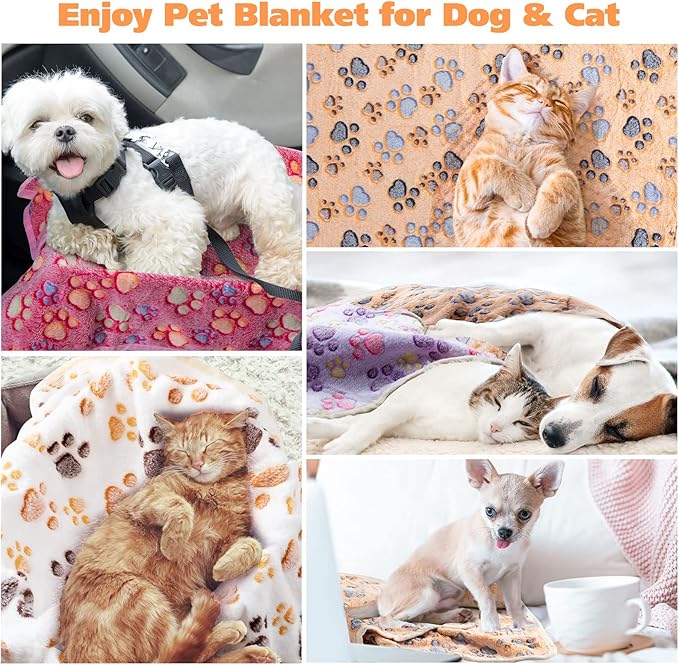 Chumia 40 Pcs Blankets Soft Fluffy Fleece Washable Pet Dog Sleep mat Paw Print Pattern Fleece Blankets for Pets Throw Warm Bed Mat for Dog Puppy Cat (24 x 16 Inch,Pink, White, Brown, Purple)