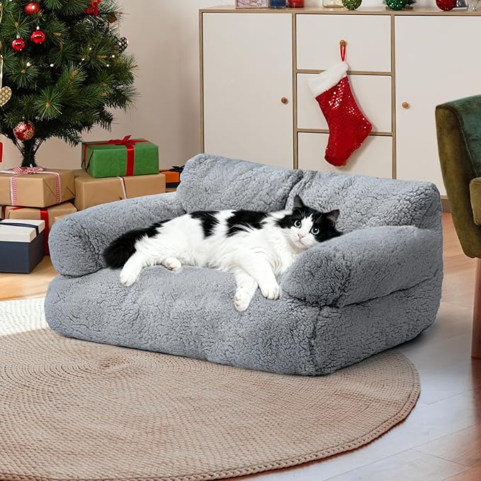 Large Cat Beds for Indoor Cats, Dog Couch Bed, Cute Cat Couch Sofas for Less 20lbs Kitten Puppy, Small Dog Sofas & Chairs with Removable Washable Cover, Soft Warm Pet Furniture, Pale Gray