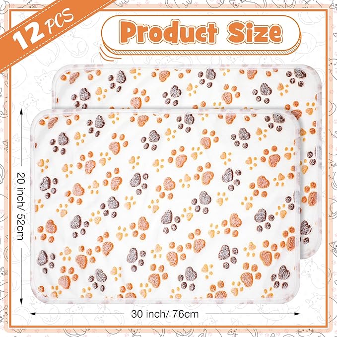 Tegeme 12 Pcs Pet Blankets Soft Fluffy Fleece Dog Cat Warm Paw Print Pattern Blankets Flannel Throw for Pets Dog Puppy Cat(30 x 20 Inch,White)