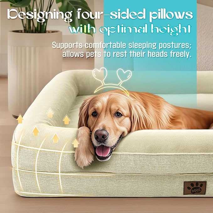 Waterproof Memory Foam Dog Beds for Extra Large Dogs Non-Slip Orthopedic Dog Beds Washable Couch Pet Bed with Removable Cover (Beige, Large)