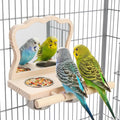 Feeder with Acrylic Mirror & Stainless Steel Bowls, Natural Wood Perch, Cage Accessories, Parakeet Cage Accessories, Tool-Free Adjustable Supplies for Parakeet Cockatiel Lovebird