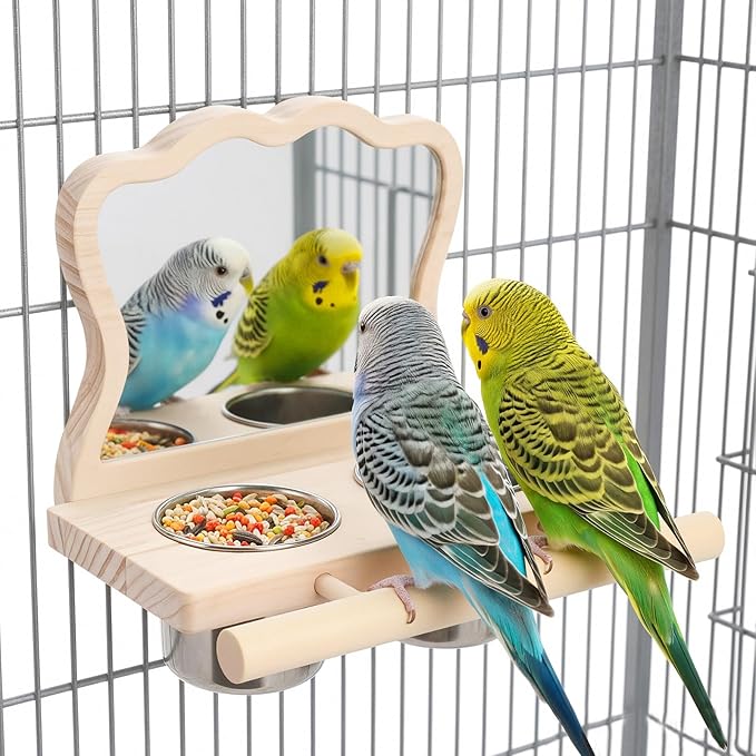 Feeder with Acrylic Mirror & Stainless Steel Bowls, Natural Wood Perch, Cage Accessories, Parakeet Cage Accessories, Tool-Free Adjustable Supplies for Parakeet Cockatiel Lovebird