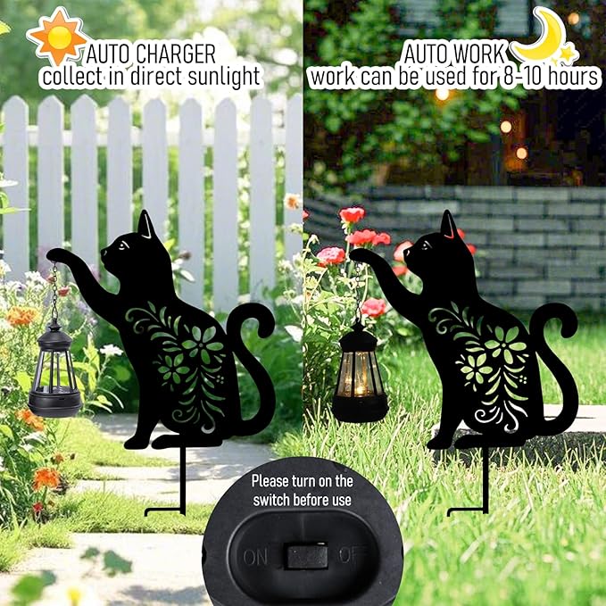 Bshine Cat Solar Light Outdoor Garden Decoration, Waterproof Metal Stake Black Outdoor Statue Lantern, Lawn Ornaments for Yard, Path, Patio, Sculpture Black Cat Memorial Gift