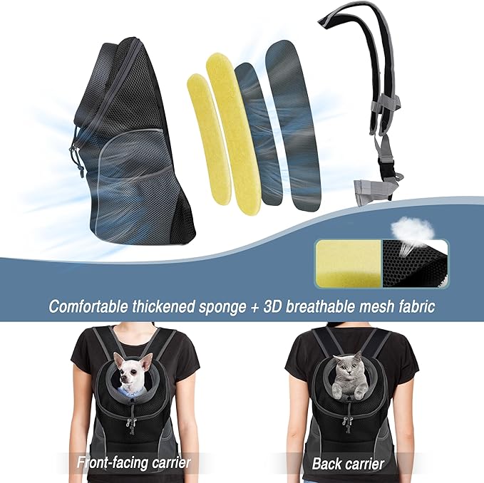 WOYYHO Pet Dog Carrier Backpack Small Dog Front Backpack Ventilated Dog Carrier Back Pack with Storage Pockets, Adjustable Straps & Safety Belt for Travel Hiking Outdoor (Size M: 5-9 lbs, Black)