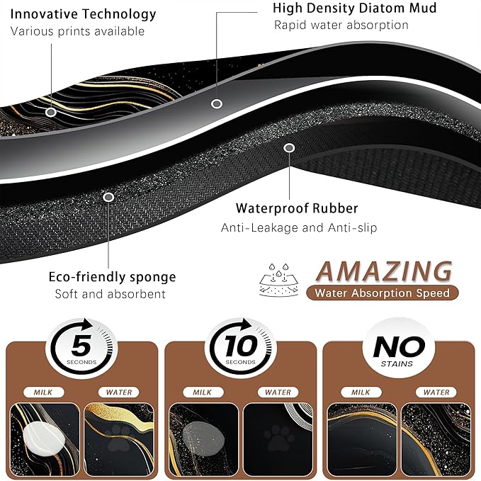 Marble Pet Feeding Mat,Black Gold Flowing Marble Absorbent Quick-Dry Cat Dog Food and Water Bowl Mats,Non-Slip Rubber Backing Mat,Cat Dog Accessories Supplies 12"x20"