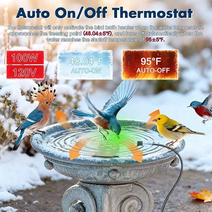 2 Pack Outdoors 100W Bird Bath Heater for Winter,Birdbath Deicer Pond De-icer Thermostatically Controlled Birdbaths Water Heater with 5.9 Ft Power Cord and Working Indicator Light