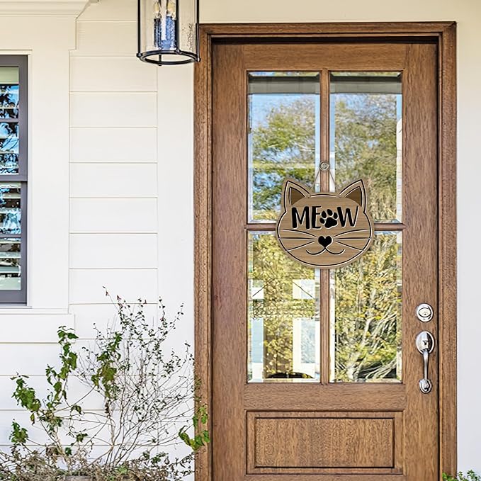 Cute Cat Meow Front Door Sign, Pet Farmhouse Wood Door Hanger Outdoor Outside Porch Decor, Paw Print Rustic Wooden Wreath Indoor Wall Hanging Decoration Cat Lover Owner Gift