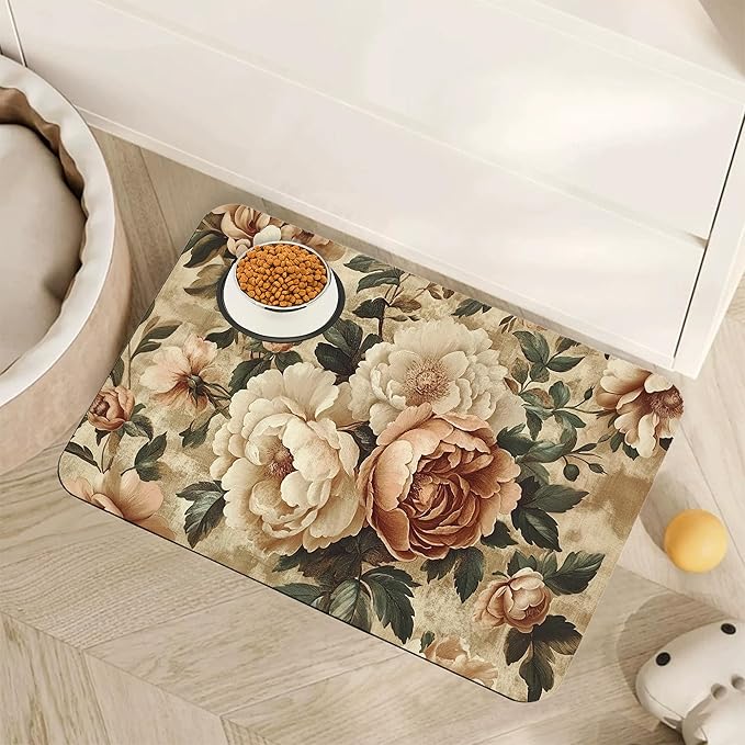 Roses Peonies Pet Feeding Mat,Vintage Luxury Shabby Chic Flower Absorbent Quick-Dry Cat Dog Food and Water Bowl Mats,Non-Slip Rubber Backing Mat,Cat Dog Accessories Supplies 16"x24"