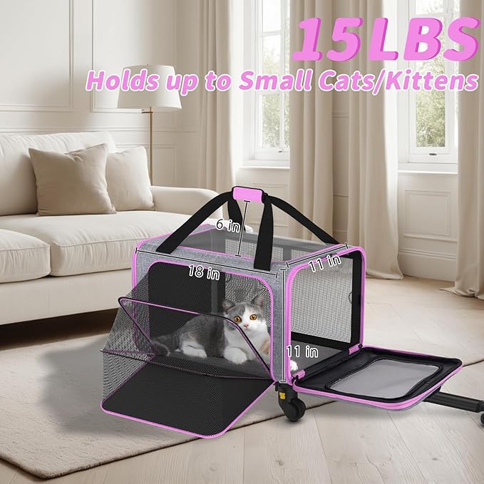 Rolling Pet Carrier with Detachable Wheels - 18x11x11 TSA Airline Approved for Southwest Delta United American, Soft Sided Expandable Travel Bag for Small Dogs & Cats up to 15Lbs, Fits Under Seat