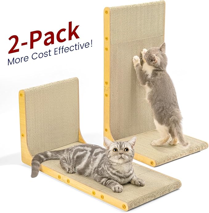 Cardboard Cat Scratcher,23 Inch L Shape Scratch Pad Wall Mounted,Vertical Scratching Board, Durable Cardboard to Protect Furniture for Indoor Cats,Wood Grain Large,2-Pack