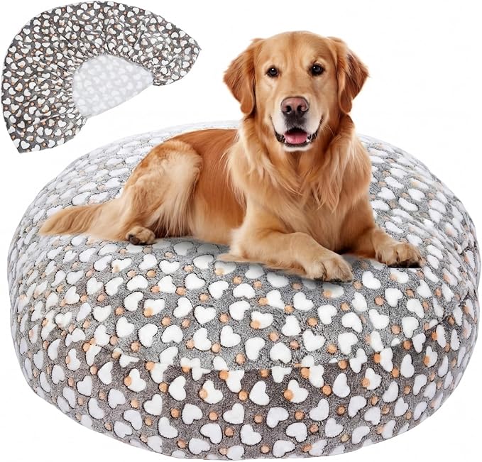 Youyole Large Washable Round Dog Bed Cover Replacement Waterproof 45 x 45 x 11 in Round Donut Bed Cover for Dog Soft Gray Pet Beds Protector Sheet with Lovely Heart Print for Donut Beds & Pet Couch