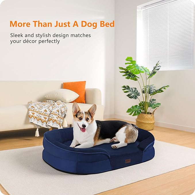 Dwanton Orthopedic Dog Bed for Medium Dogs with Gel Memory Foam, Waterproof Dog Sofa, Washable Pet Bed with Four Sided Bolster Cushion, Removable Cover & Non-Slip Bottom, 35", Navy Blue