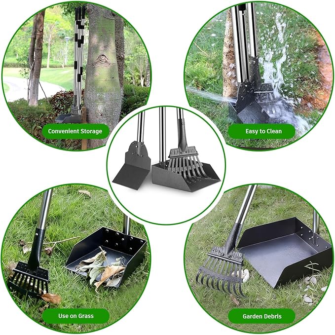 Pooper Scooper, Long Handle Dog Pooper Scooper, Heavy Duty Stainless Steel Rake, Tray & Spade Set for Pet Waste Removal, Use on Grass, Dirt or Gravel