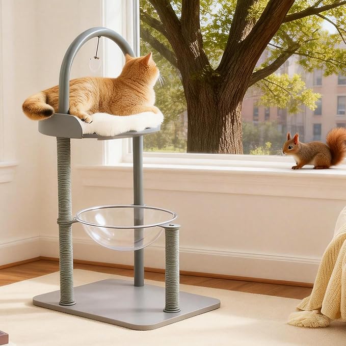 Modern Cat Tree Tower for Indoor Cats up to 12lbs, 34" H Furniture-Style Metal Cat Tower with Scratching Posts, Wood Cat Bed with Soft Plush Cushion Washable, Acrylic Capsule, Dove Gray
