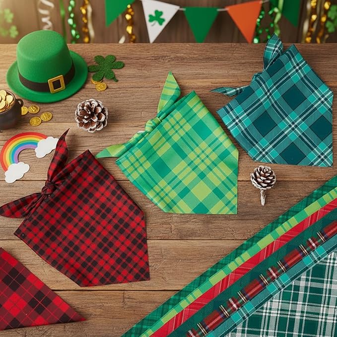 Abbylike 50 Pcs St. Patrick's Day Dog Bandanas Bulk Green Plaid Bandanas for Dogs Triangle Kerchief Bib Scarf for Pet Irish Holiday Costume Photo Props Accessories (25.6 x 17.7 x 17.7)