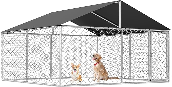 Petonly Outdoor Dog Enclosure Heavy Duty Dog Kennel House Mesh Dog Big Cage Pet Kennel Steel Fence with Secure Lock(118”x 118”)