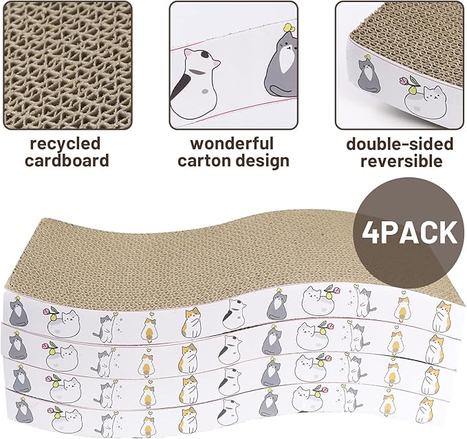 PatiencET Cat Scratcher Cardboard 4 Pack Cat Scratch Pad Reversible Scratcher Texture Curve Design Durable Cat Scratchers for Indoor Cats Lounger Sofa