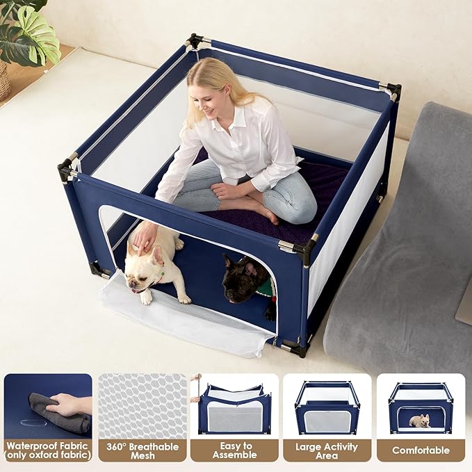 EHEYCIGA 42x42x26 Inches Puppy Playpen Without Top Cover for Dogs & Cats Indoor or Outdoor - Dog Playpen with Door, Dog Fence for Small Animal with Heavy-Duty Oxford & Steel Frame, Navy