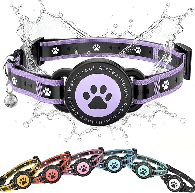 Airtag Cat Collar Breakaway, Reflective Cat Collar with AirTag Holder and Bell, Compatible with Apple Air Tag, Comfortable Padding, Adjustable, Durable (Purple, XS)