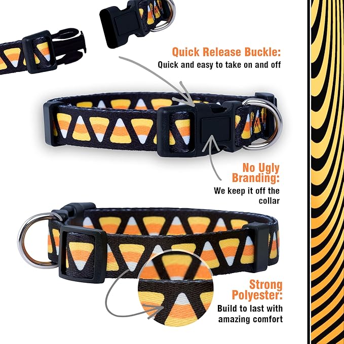 Native Pup Halloween Dog Collar- Spooky Fall Themed Horror Costume Collars- Skull, Pumpkin, Ghost, Bat, Witch, Candy Corn, Spider- Adjustable for Small, Medium, Large Breeds (Small, Candy Corn)