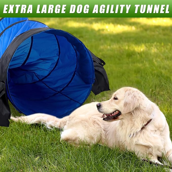 28 in 10 Foot Blue Extra Large Dog Agility Tunnel with Sandbags Dogs Agility Training Equipment Tunnel with 3 Pack Sandbags Carry Bag and 4 Ground Spikes for All Medium and Large Dogs