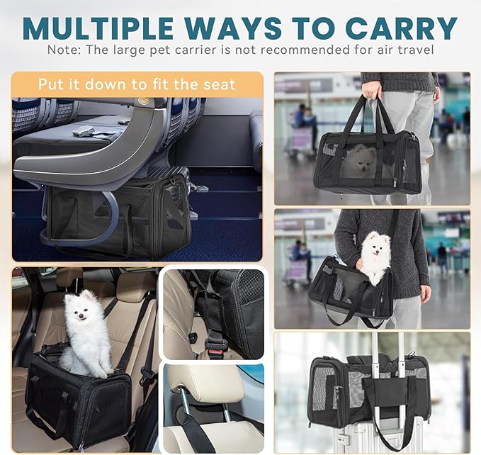 19 x 12 x 12 Large Cat Car Carrier – Roomy Escape-Proof Cat Car Seat for Safe Driving, Lockable Zippers & Safety Tether, Soft-Sided Travel Carrier for Road Trips & Vet Visits
