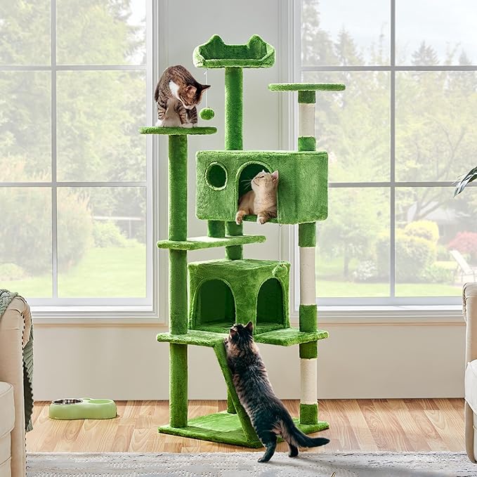 Yaheetech 62in Cat Tree Cat Tower for Indoor Kittens, Pet Furniture w/Double Condo, Scratching Posts, Multiple Platforms and Balls for Kitty, Green