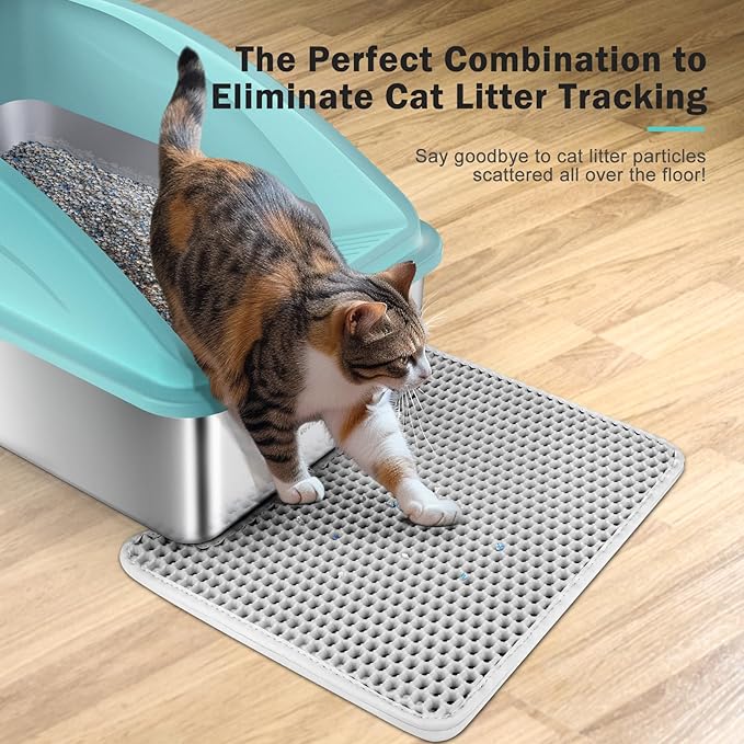 Stainless Steel Litter Box | XL Enclosed Cat Litter Boxs with Lid for Big Cats | High Sided, Anti-Urine Leakage | Non-Stick Bottom & Includes Litter Mat & Metal Scoop (Turquoise, X-Large)