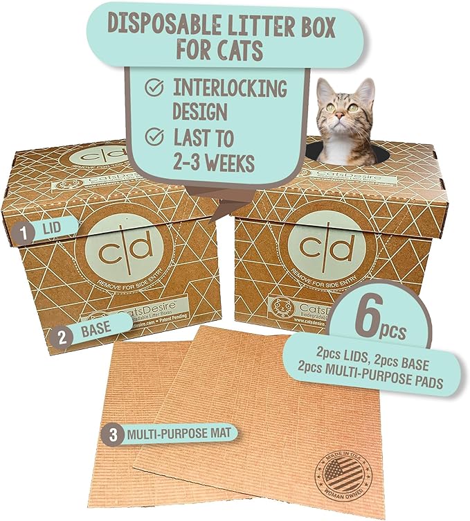 Cats Desire Litter Box - Disposable Litter Box Pack (6 pcs) - Top/Low Entry - Includes 2 lids, 2 Bases and 2 Multipurpose Pads - Partially Recycled Cardboard, 17" L x 17" W x 15.25" H