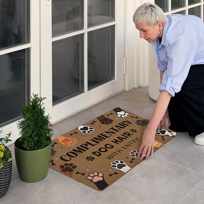 Complimentary Dog Hair with Entry Door Mat, Cute Dog Paws Print Artificial Coir Front Door Mat Indoor Outdoor Entrance, Funny Paw Welcome Doormat Rug for Porch Entryway Patio Decor, 17X30 Inch