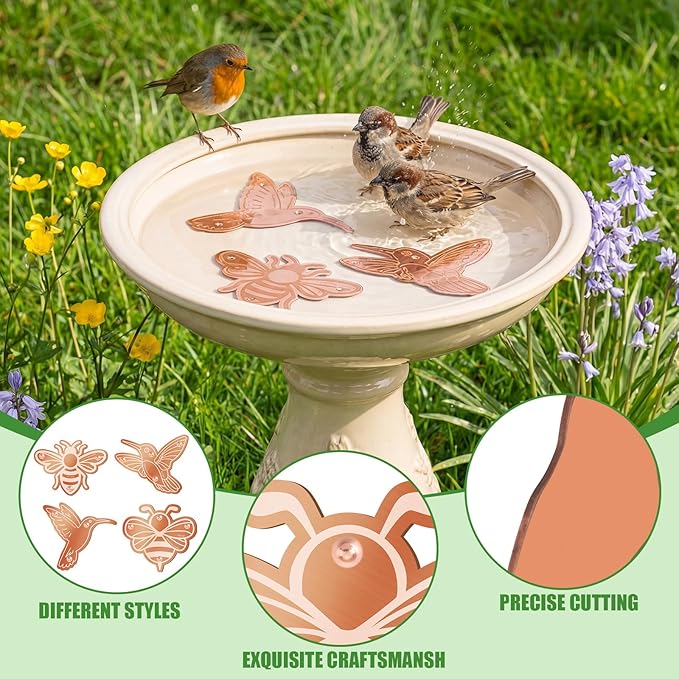 4 Pack Bird Bath Copper Disk Bird Bath Purification Disk with Triple-Point Support 99.99% Pure Copper Water Cleaner for Outside Bowl, Physical Safe Clean Water(Bee)