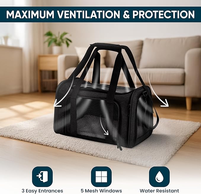 Pet Travel Carrier Bag – Airline Approved Soft-Sided Dog & Cat Carrier, Foldable, Breathable Mesh, Washable Pad – Fits Pets up to 15 lbs – The Pup Quartet (Black)