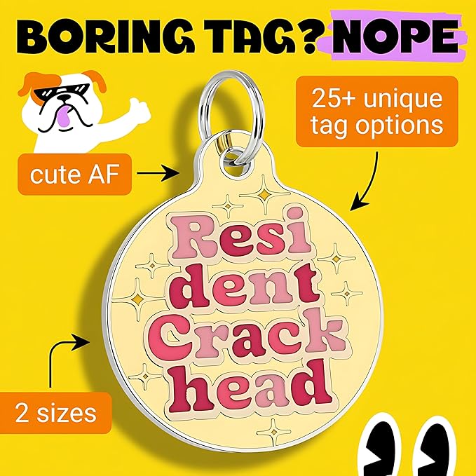 Bad Tags Personalized Dog and Cat ID Tags in 25+ Designs and 2 Sizes - 5 Lines of Custom Engraved Text - Funny Cute Personalized Pet Tags (Resident Crackhead - Yellow, Large (1.25 inch))