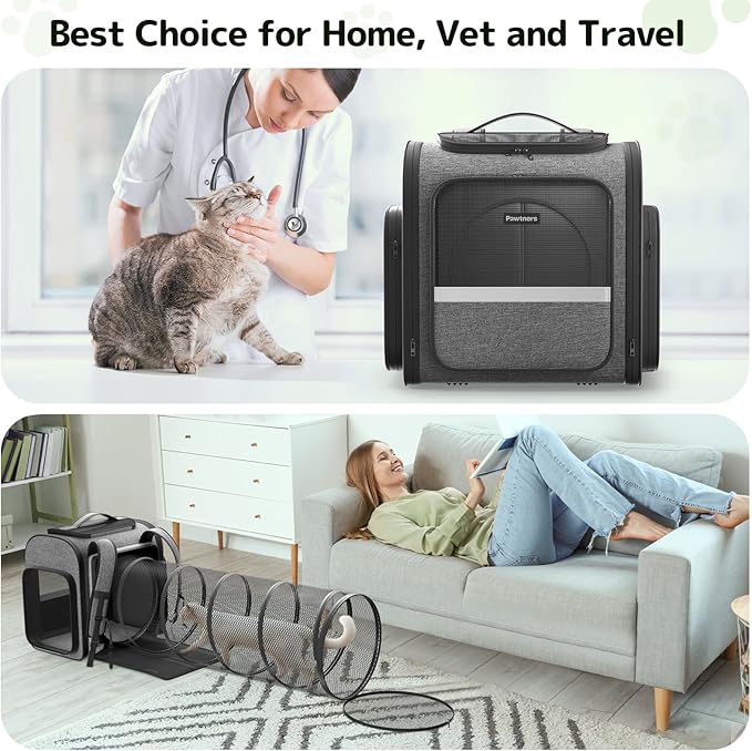 Cat Backpack with Detachable Play Tunnel, 2 in 1 Cat Tunnel Backpack Suitable for Carrying & Playing, Expandable Dog Backpack for Small Medium Kitten Puppy, Suitable for Travel Hiking Camping
