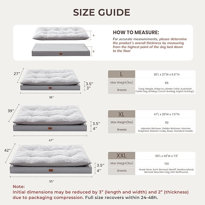 2-Pack XL Waterproof Dog Bed Large Size Dogs, Plush Cushion & Orthopedic Egg-Crate Foam Mattress for Senior Dogs, Washable Dog Crate Bed with Removable Cover, Light Grey