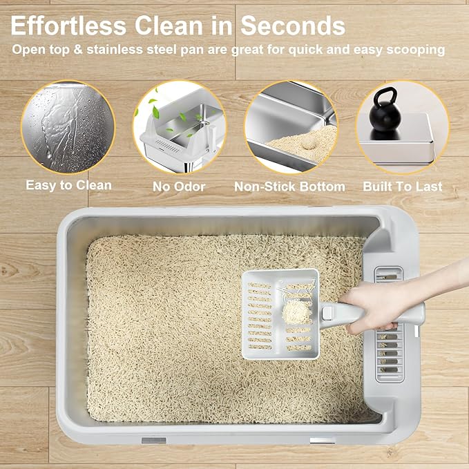 TENTIZON Large Stainless Steel Cat Litter Box, Open Top Metal Kitty Litter Tray with High Sides, Litter Mat, Scoop for Indoor Cats, Kitten,Big Cats, No Odor, No Mess, Leak Proof, Easy Clean