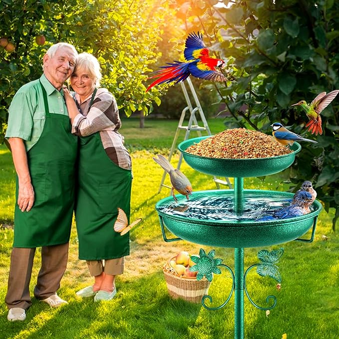 Daoeny Bird Bath for Outside, 42In Vintage Freestanding Birdbaths for Outdoors, Double Metal Bird Bath Feeder Bowls for Garden Patio Yard Lawn Decor, Upgraded 5-Pronged Base (Green)