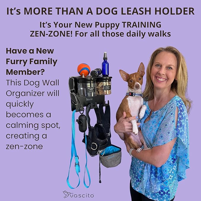 Dog Treat Holder for Wall Storage for Pets, Premium Pet Wall Organizer, Includes Two 16oz Airtight Dog Treat Jars, 3 Sets of Triple Hooks, Sturdy Shelf in Modern Black