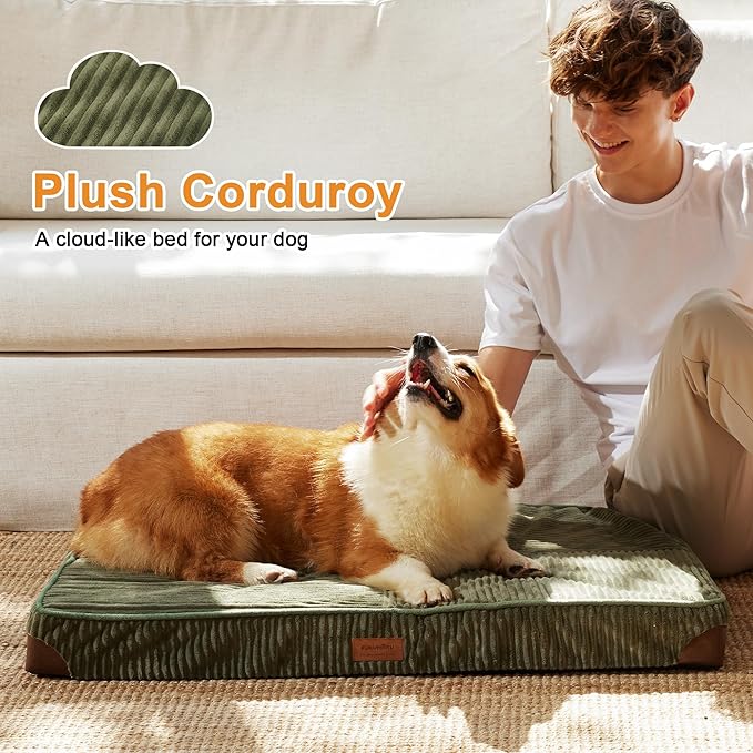 FUKUMARU Dog Bed, Thickened Corduroy Orthopedic Dog Beds with Washable Cover, Large Waterproof Dogs Bed for Crate, 28D Egg Crate Foam Support Pet Mat, Cozy Pet Bed Pad with Anti-Slip Bottom, Green