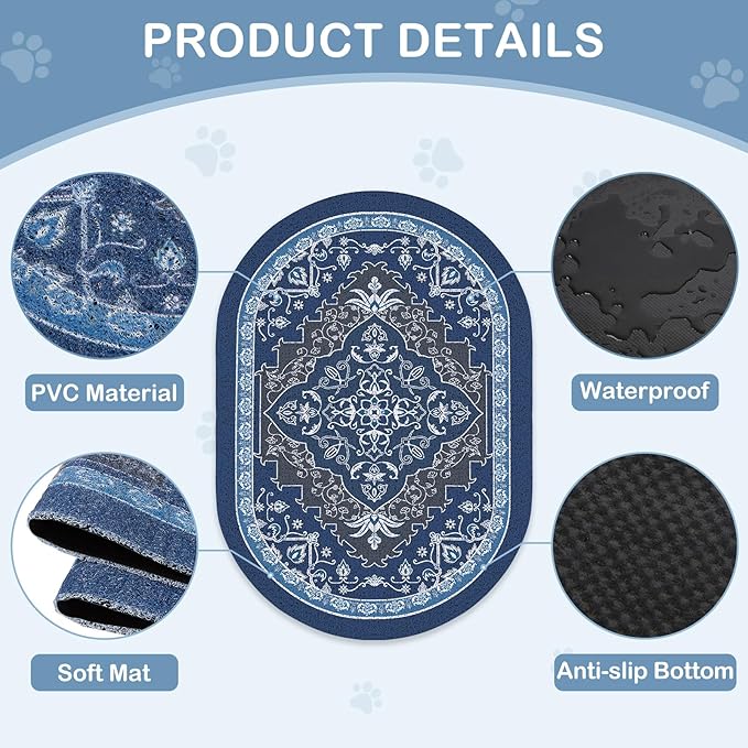 Bienbee Cat Litter Mat, 33" x 22" Large Size Litter Box Mat Rug with Non-Slip Bottom,Urine and Water Proof, Easy to Clean Cat Supplies Essentials for Indoor Kitty Kitten Floor,Navy Geometric L