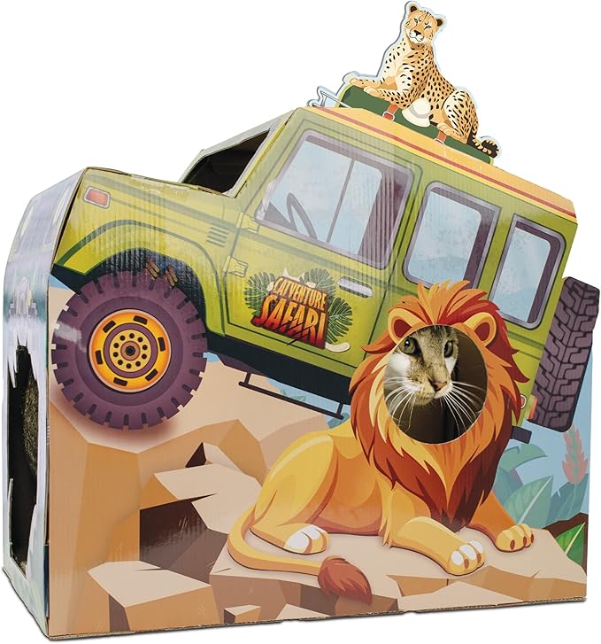 HappyCat Safari Truck Cat Scratcher House - Adventure-Themed Cardboard Cat Playhouse with Scratch Panels & Interior Space - Jungle Truck Theme Cat Activity Center