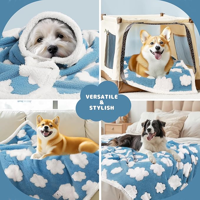 Luciphia Waterproof Pet Blanket for Medium Large Dogs Washable Fluffy Thick Jacquard Shag Fleece Warm Sherpa 3D Textured Flower Print for Cats Puppy Couch Protection (Blue Cloud,85x57 inches)