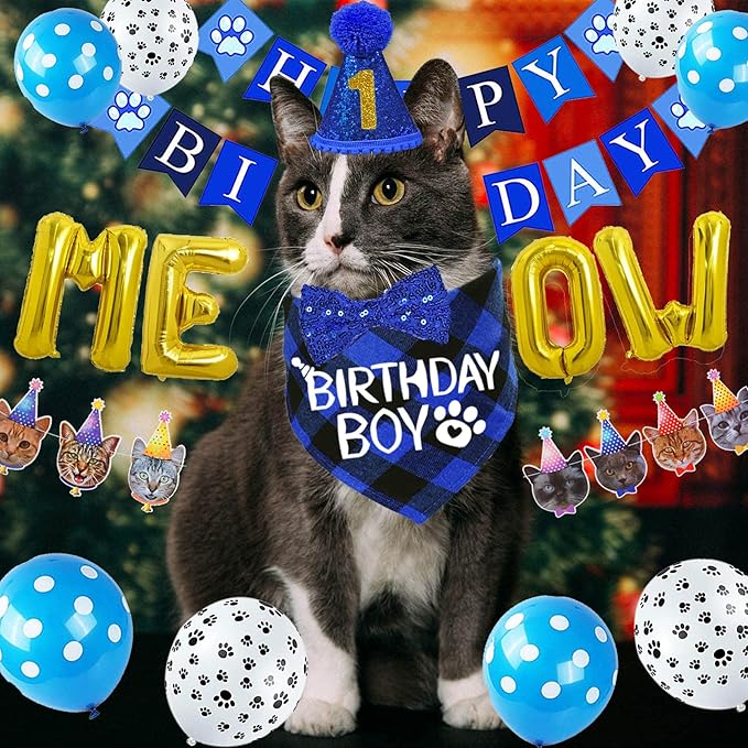 STMK Cat Birthday Party Supplies, Cat Birthday Hat with Numbers Bandana Bow Tie Collar Banner Garland MEOW Letter Balloons for Cats Kittens Outfits Decorations