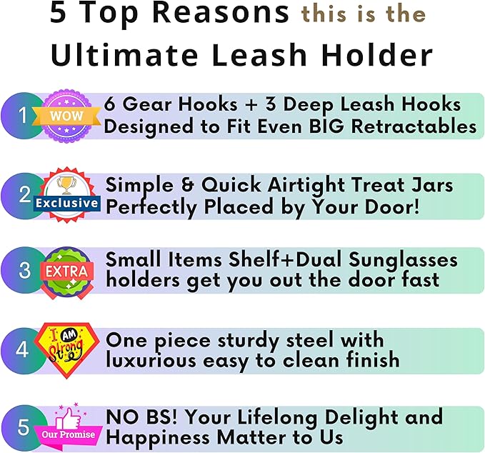 Dog Treat Holder For Wall Storage For Pets, Premium Pet Wall Organizer, Includes Three 16oz Airtight Dog Treat Jars, 3 Sets of Triple Hooks, Sturdy Shelf in Modern Black