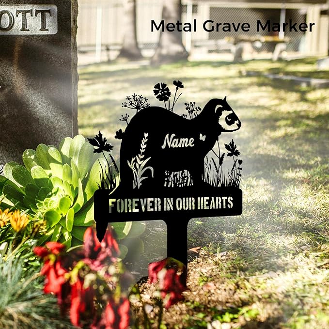Personalized Metal Ferret Memorial Stake – Custom Pet Grave Marker Tombstone, Ferret Remembrance Plaque, Outdoor Garden or Graveside Sympathy Sign Decor, Pet Loss Gifts
